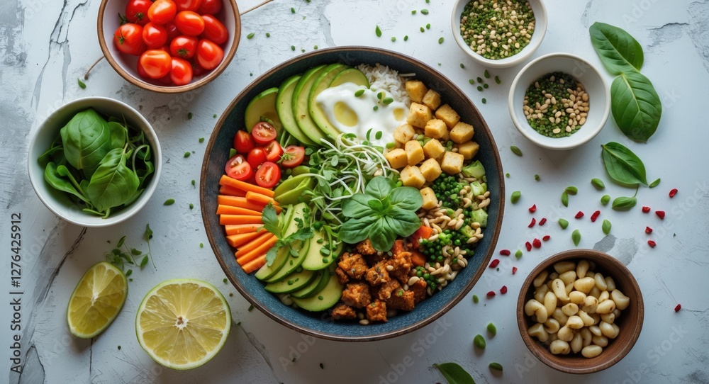 Healthy colorful bowl of fresh vegetables, grains, and protein with lime on marble background Healthy colorful bowl of fresh vegetables, grains, and protein with lime on marble background