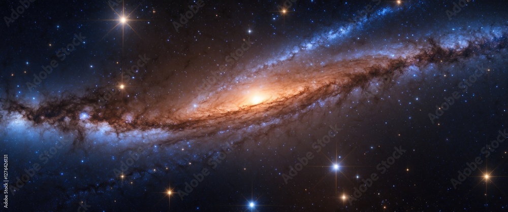 Detailed view of a spiral galaxy with bright core and surrounding stars against a dark cosmic background Detailed view of a spiral galaxy with bright core and surrounding stars against a dark cosmic background