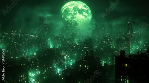 Fototapeta Naklejka Na Ścianę i Meble -  Gotham City night, glowing green, eerie moon, city skyline