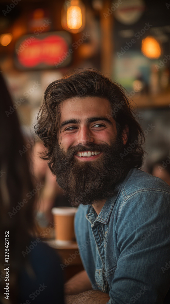 Bearded man smiles warmly in a dimly lit indoor setting, wearing denim jacket, creating an inviting and friendly atmosphere. Bearded man smiles warmly in a dimly lit indoor setting, wearing denim jacket, creating an inviting and friendly atmosphere.