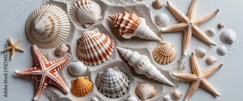 variety of seashells and starfish arranged on a sand background in natural light