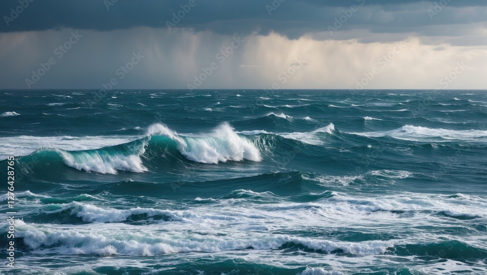 Naklejka premium Ocean waves under dramatic cloudy sky with visible rain in the distance