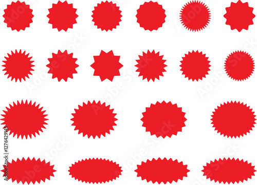 Starburst red sticker set - collection of special offer sale oval and round shaped sunburst labels and badges. Promo stickers with star edges. Vector.