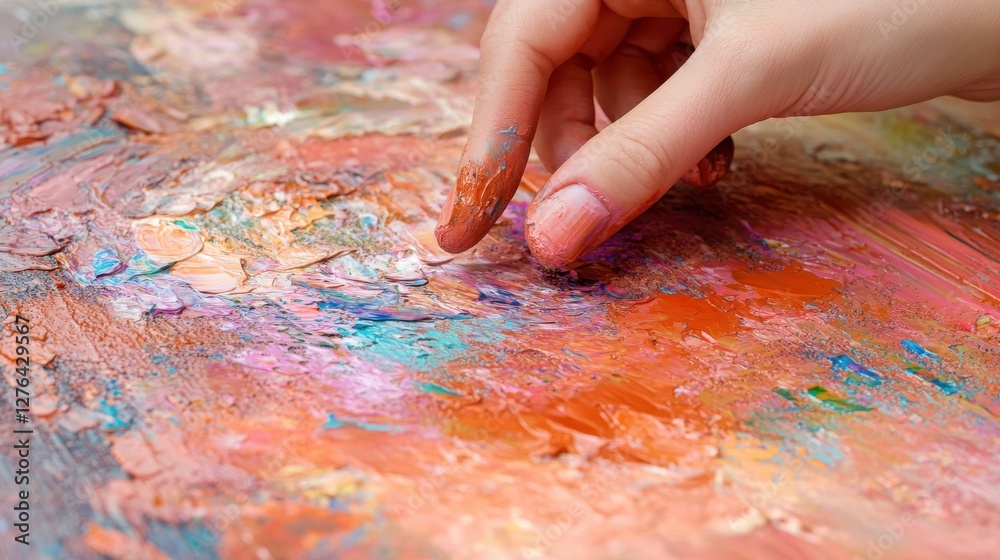 Abstract Art Creation with Hand and Colorful Paints on Canvas Abstract Art Creation with Hand and Colorful Paints on Canvas