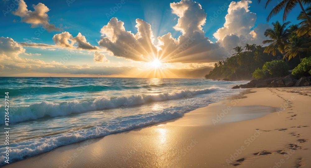 Tropical beach at sunset with golden sun rays, gentle waves, and palm trees under a blue sky filled with clouds. Tropical beach at sunset with golden sun rays, gentle waves, and palm trees under a blue sky filled with clouds.