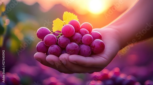 Handful of red grapes, vineyard sunset photo