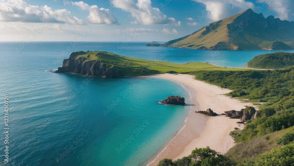 Scenic view of tranquil beach with turquoise waters, green hills, and distant mountains under cloudy sky in daylight Scenic view of tranquil beach with turquoise waters, green hills, and distant mountains under cloudy sky in daylight