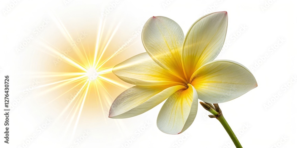 Fototapeta premium Plumeria Blossom Sunburst Close-up, Yellow Flower, White Background, Tropical, Frangipani Plumeria, tropical flower