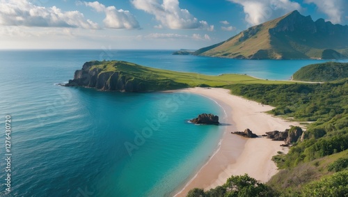 Scenic view of tranquil beach with turquoise waters, green hills, and distant mountains under cloudy sky in daylight