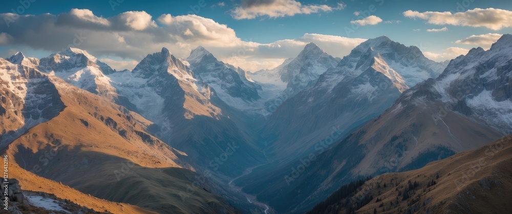 Obraz premium Mountain landscape with snow-capped peaks and a valley under a blue sky with clouds at sunset in a natural environment.