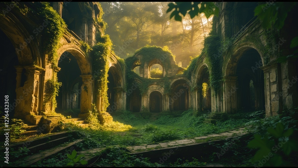 Ruins of an ancient stone structure overgrown with vines and illuminated by soft sunlight filtering through trees Ruins of an ancient stone structure overgrown with vines and illuminated by soft sunlight filtering through trees