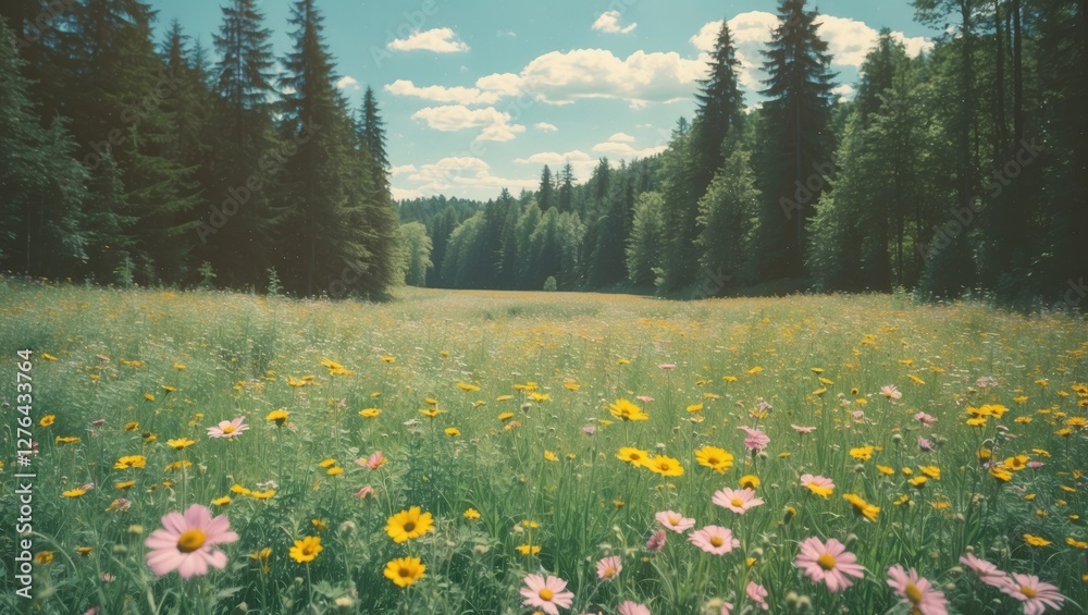 Fototapeta premium Natural landscape with vibrant wildflowers in a meadow under blue sky with scattered clouds and surrounding dense green forest.