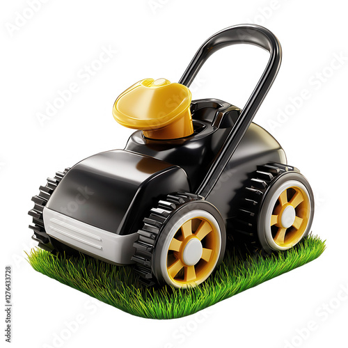 A detailed 3D render of a black lawn mower icon resting on a patch of grass, showcasing its design and color.