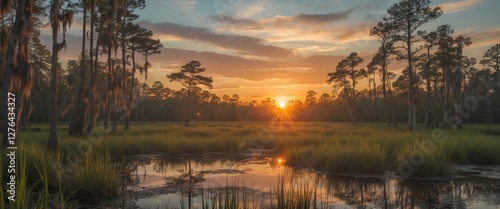 Sunset over wetland landscape reflecting trees and grass with vibrant colors in sky and water, nature scenery with tranquility and beauty. photo