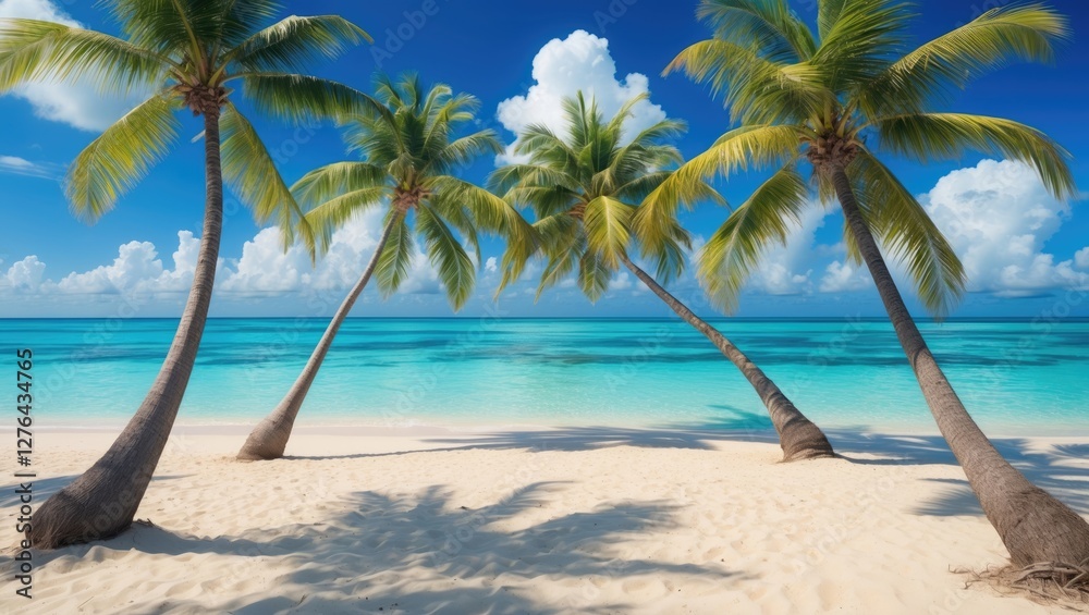 Tropical beach landscape with palm trees, clear blue water, and vibrant sky under bright sunlight Tropical beach landscape with palm trees, clear blue water, and vibrant sky under bright sunlight