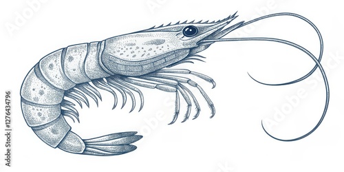 Stippled Shrimp Illustration Blue Ink, Detailed Anatomy, Seafood Concept, Shrimp Drawing Seafood, Crustacean photo