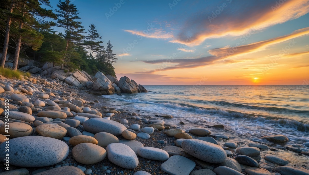 Coastal landscape with smooth pebbles at ocean shore during sunset with trees and dramatic sky in the background