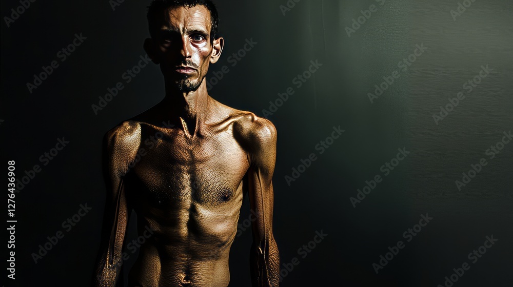 Anorexia Concept. Thin, Gaunt Man Showing Ribs. Dark Background.