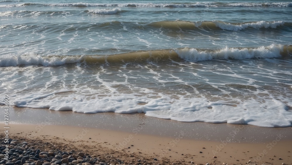 Waves breaking on a sandy beach with pebbles shoreline and gentle foam along the water edge under natural sunlight Waves breaking on a sandy beach with pebbles shoreline and gentle foam along the water edge under natural sunlight