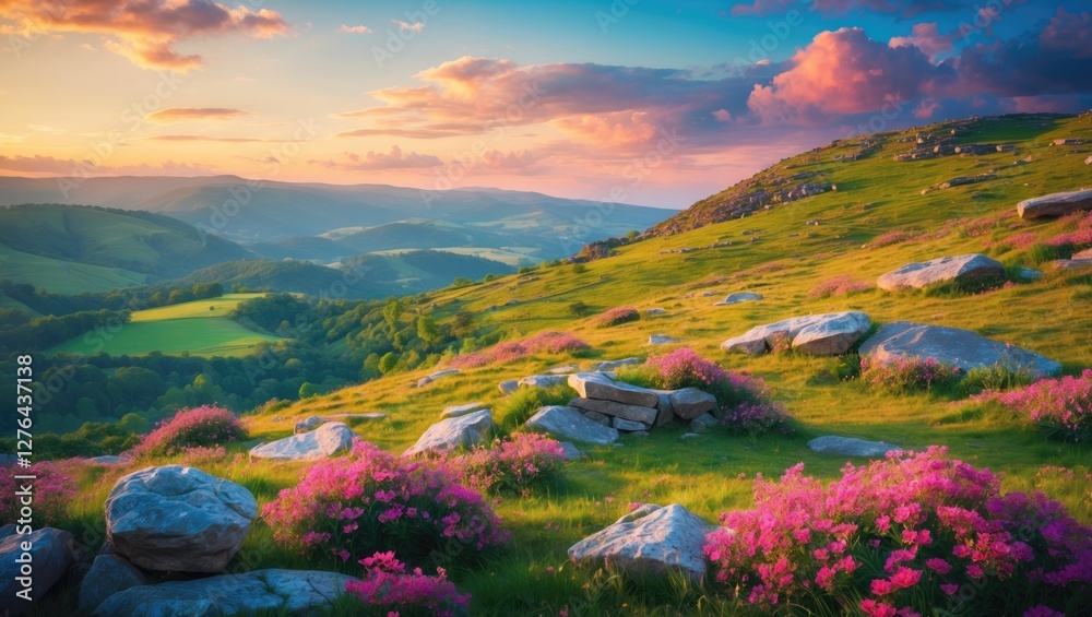 Fototapeta premium Vibrant landscape with rolling hills, blooming pink flowers and rocky outcrops under a colorful sunset sky in a natural setting