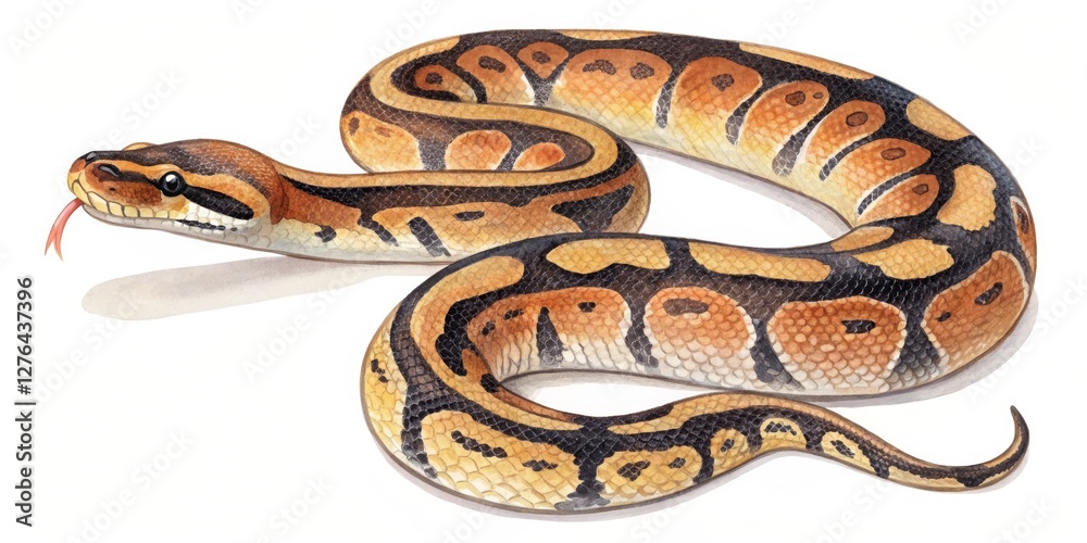 Obraz premium Watercolor Ball Python Detailed Reptile Illustration, Orange and Black Pattern, Snake Art, Ball Python Illustration Reptile, Watercolor painting