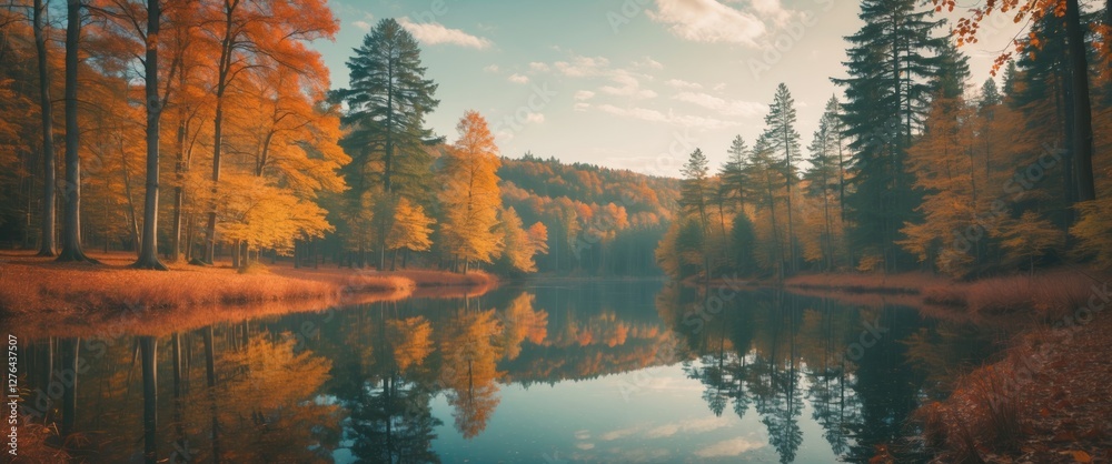 Fototapeta premium Autumn landscape with colorful trees reflecting in calm lake water under a blue sky with scattered clouds in a nature setting.