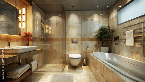 Bathroom in apartment, neutral tones, modern style