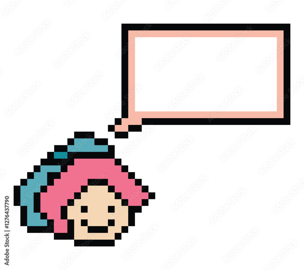 Obraz premium Cartoon pixel cute cartoon character face woman with chat blank decoration 8 bit female girl say speak discuss idea chat box cartoon pixel game 8bit png vector.