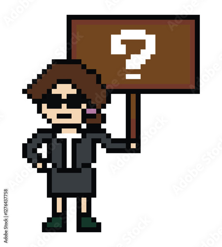 Cute pixel cartoon character woman with question mark decoration 8 bit female girl lady confused idea question mark think questionnaire choose cartoon pixel game 8bit png vector.