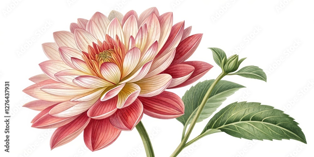 Obraz premium Watercolor Dahlia Botanical Illustration Red and Cream Flower, Detailed Petals, Stem and Leaves, Floral Art, Botanical Painting Dahlia, Watercolor Painting