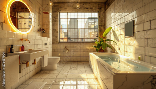 Bathroom in apartment, neutral tones, modern style