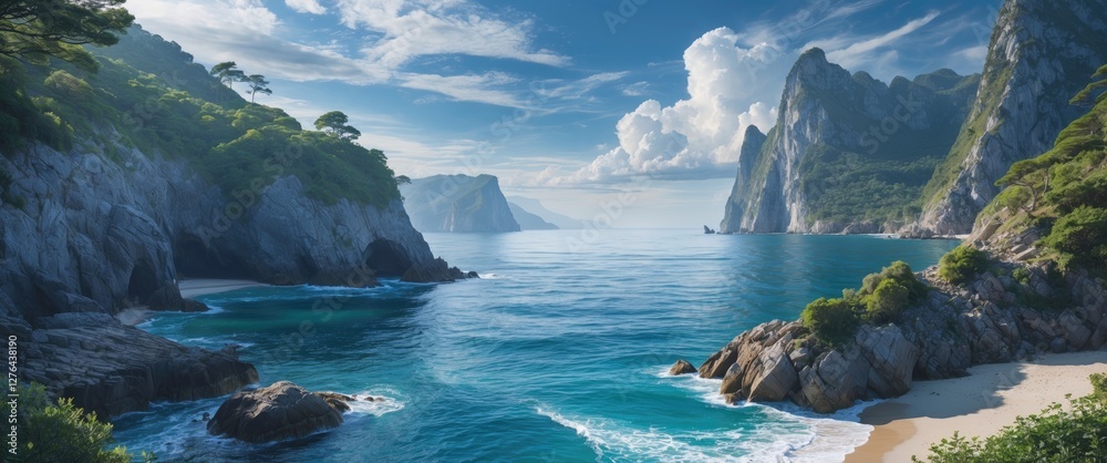 Obraz premium Coastal landscape with rocky cliffs, clear blue water, green vegetation under a partly cloudy sky. Scenic view of beach and ocean.