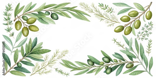 Wallpaper Mural Watercolor Olive Branch and Herb Frame Botanical Illustration, Green Leaves, Square Composition, Mediterranean Herbs Olive Branch, Watercolor Painting Torontodigital.ca