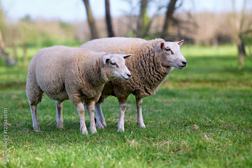 Two sheep stand on green grass with trees in the background, looking at the camera. Two sheep stand on green grass with trees in the background, looking at the camera.
