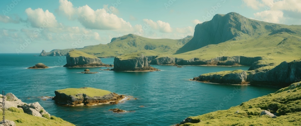 Naklejka premium Coastal landscape with rocky formations and green hills under a blue sky with clouds and calm water surrounding the islands.