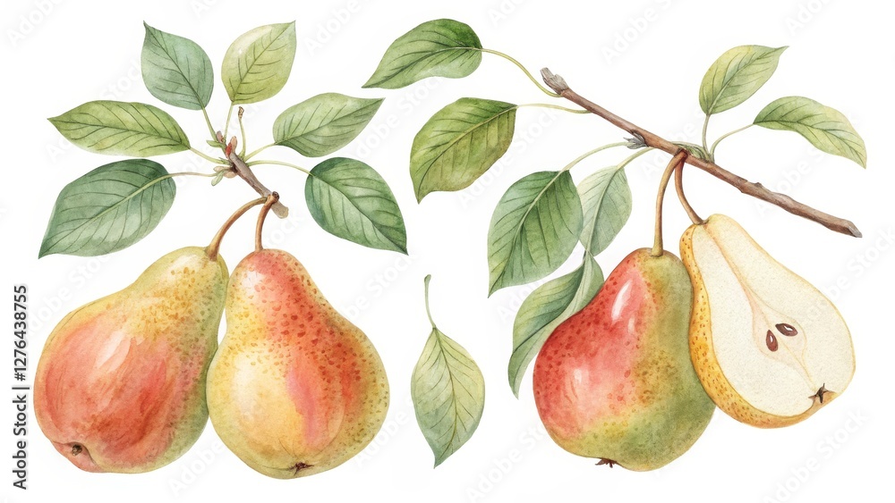 custom made wallpaper toronto digitalWatercolor Pears on Branch Botanical Illustration, Pair of Pears, Autumn Harvest, Fruit Painting, Pear Tree. Pear, Watercolor