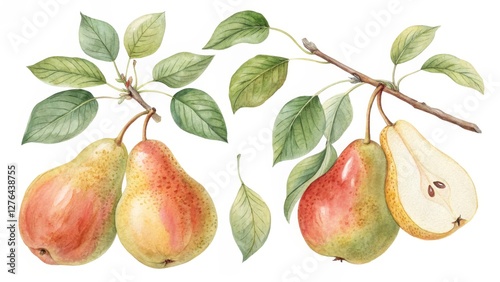 Watercolor Pears on Branch Botanical Illustration, Pair of Pears, Autumn Harvest, Fruit Painting, Pear Tree. Pear, Watercolor