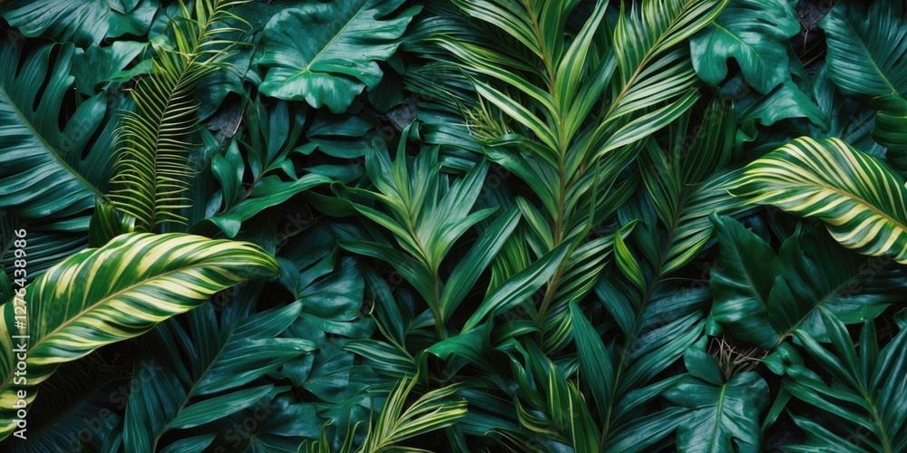 Tropical leaf background with various green foliage textures and patterns creating a dense natural environment Tropical leaf background with various green foliage textures and patterns creating a dense natural environment