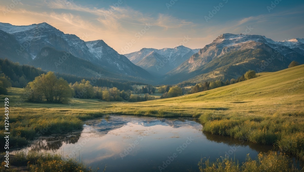 Mountain landscape with grassy meadows and a calm reflective pond surrounded by forested hills and snow-capped peaks at sunset Mountain landscape with grassy meadows and a calm reflective pond surrounded by forested hills and snow-capped peaks at sunset