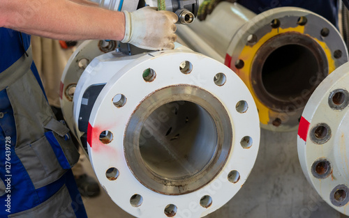 Worker dismantling an ultrasonic flowmeter from a flanged pipeline in an industrial setting.