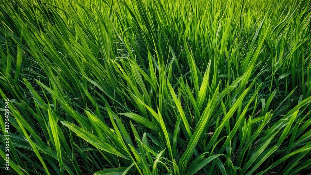 Lush green grass blades in a dense natural setting with close-up detail and vibrant colors under natural lighting Lush green grass blades in a dense natural setting with close-up detail and vibrant colors under natural lighting
