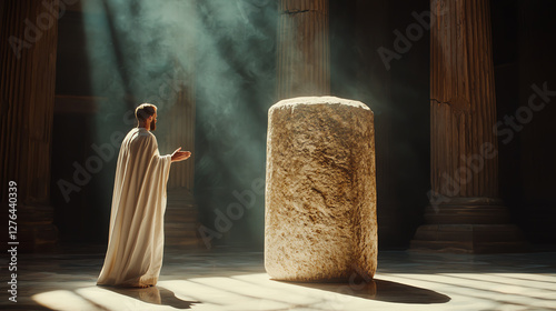 Ancient ritual in a grand temple with a cloaked figure and majestic light illuminating a stone obelisk