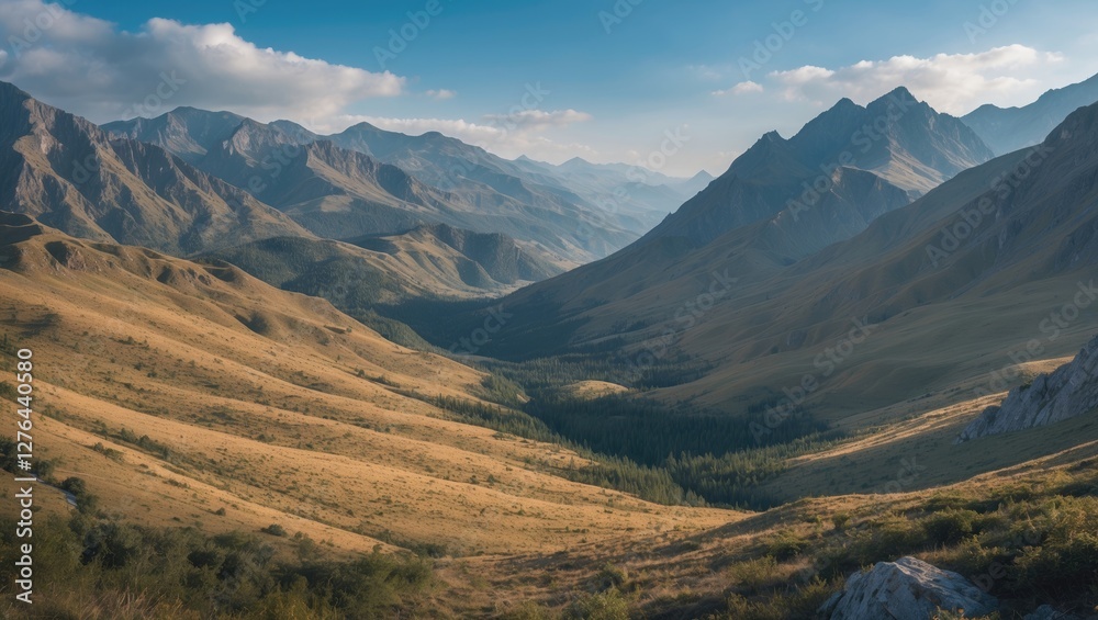 Mountain valley landscape with rolling hills trees and distant peaks under a clear blue sky in daytime. Natural scenery with dry grass and vegetation. Mountain valley landscape with rolling hills trees and distant peaks under a clear blue sky in daytime. Natural scenery with dry grass and vegetation.