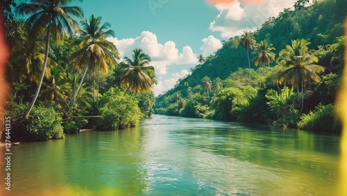 Tropical river landscape surrounded by lush greenery and palm trees under a blue sky with fluffy clouds