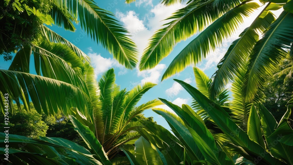 Fototapeta premium Lush green palm tree leaves with blue sky and fluffy clouds in a tropical setting during daylight.