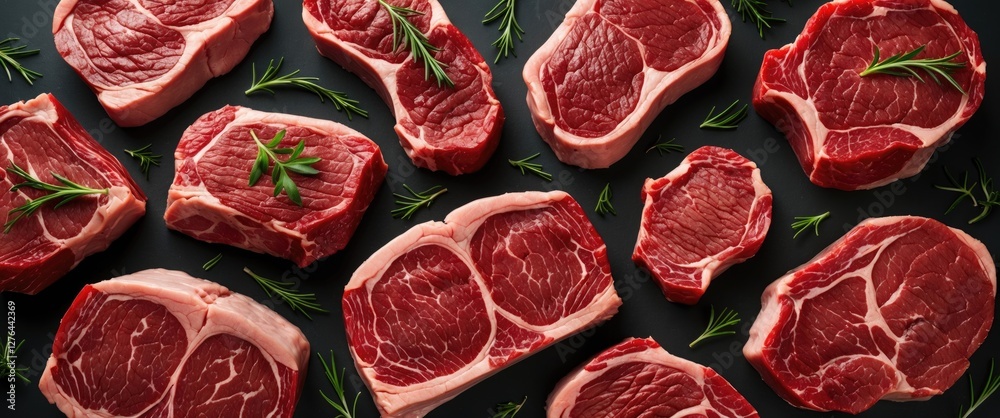 Assorted raw beef cuts arranged on a dark surface with fresh rosemary garnish showcasing rich red meat color and texture Assorted raw beef cuts arranged on a dark surface with fresh rosemary garnish showcasing rich red meat color and texture