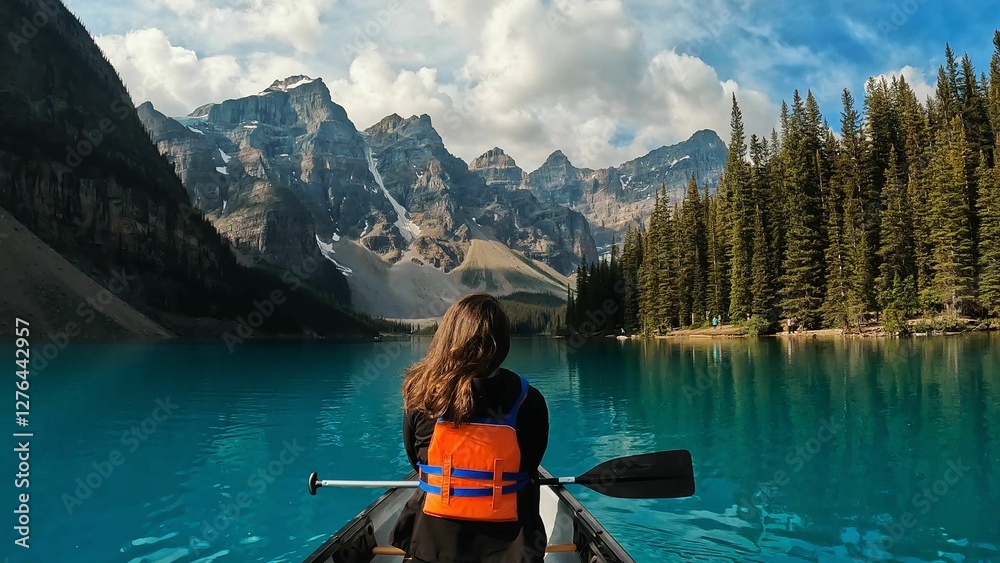 Woman paddles through the crystal-clear waters of Moraine Lake, Alberta, Canada Woman paddles through the crystal-clear waters of Moraine Lake, Alberta, Canada