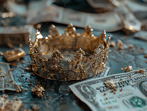 Ornate gold crown fashioned from money surrounded by dollar bills on a rustic surface for wealth and royalty themes photo