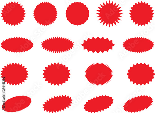 Starburst red sticker set - collection of special offer sale oval and round shaped sunburst labels and badges. Promo stickers with star edges. Vector.