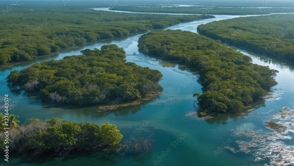 Aerial view of lush green mangrove islands and winding rivers in a natural landscape under clear blue skies. Aerial view of lush green mangrove islands and winding rivers in a natural landscape under clear blue skies.